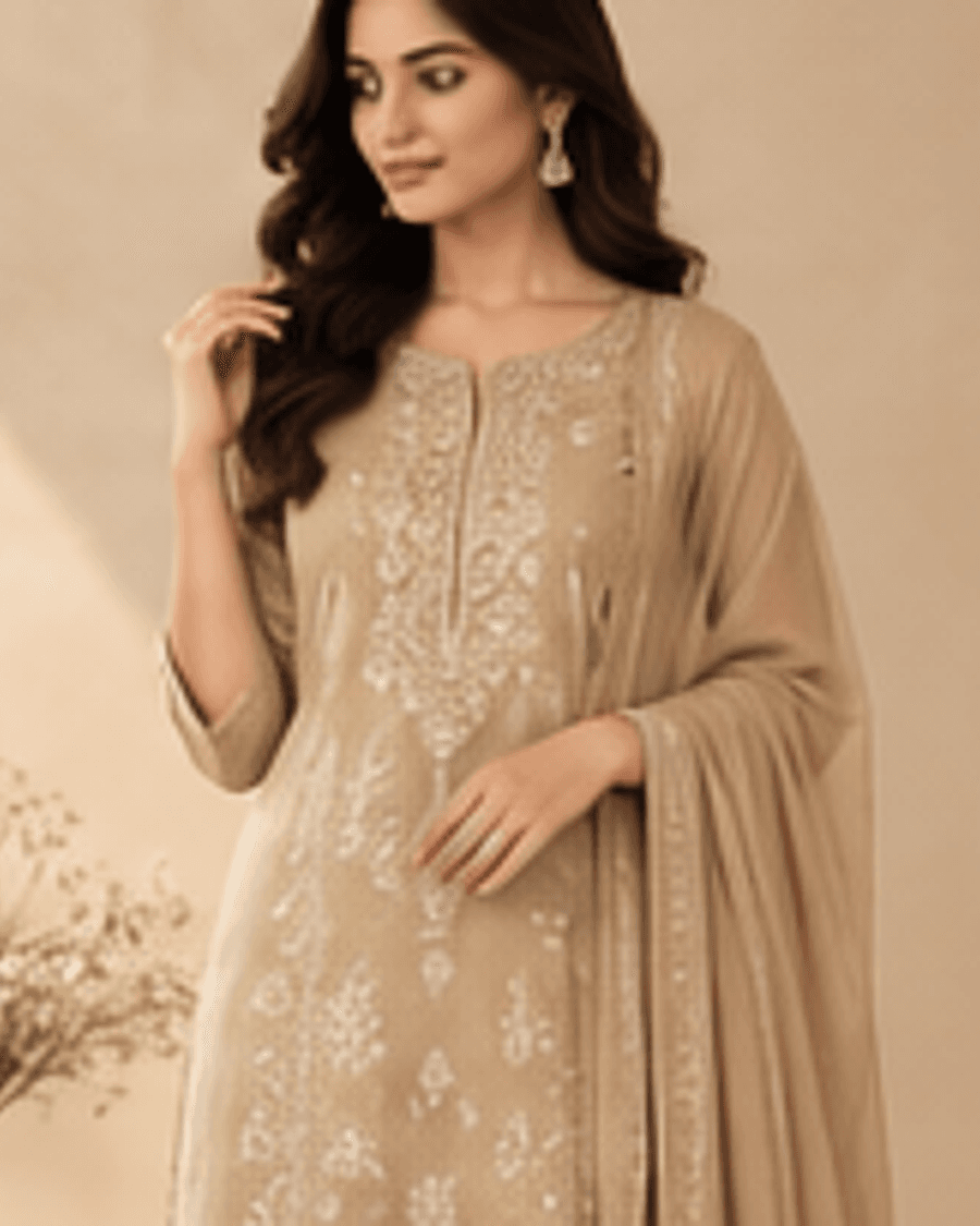 Meher Gold Beige Occasion Set fabric and detail view
