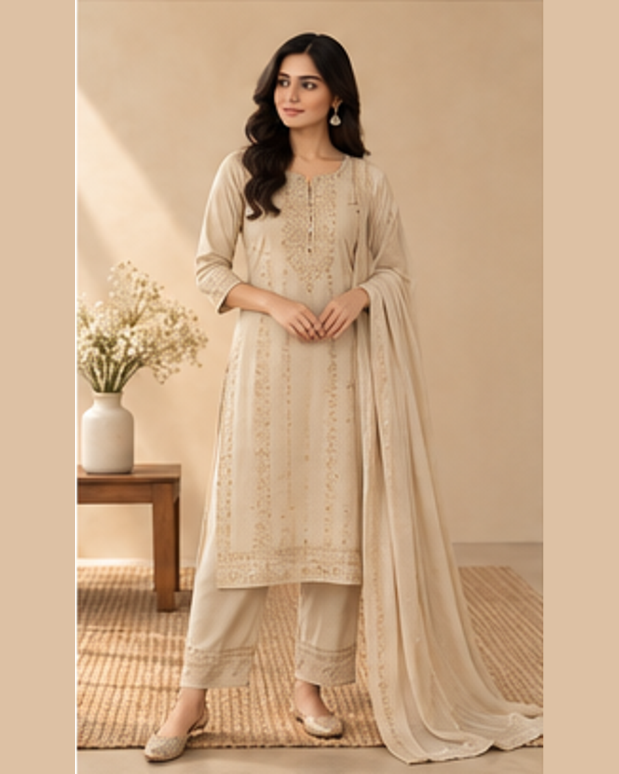 Ira Beige Office Kurta Set front view