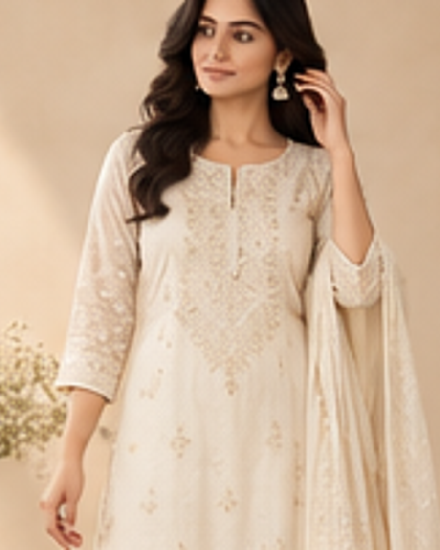Anika Ivory Embroidered Set fabric and detail view
